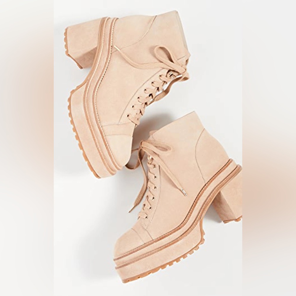 Cult Gaia Suede Platform Lace Up Ankle Combat Block Heel Leather Booties Tan